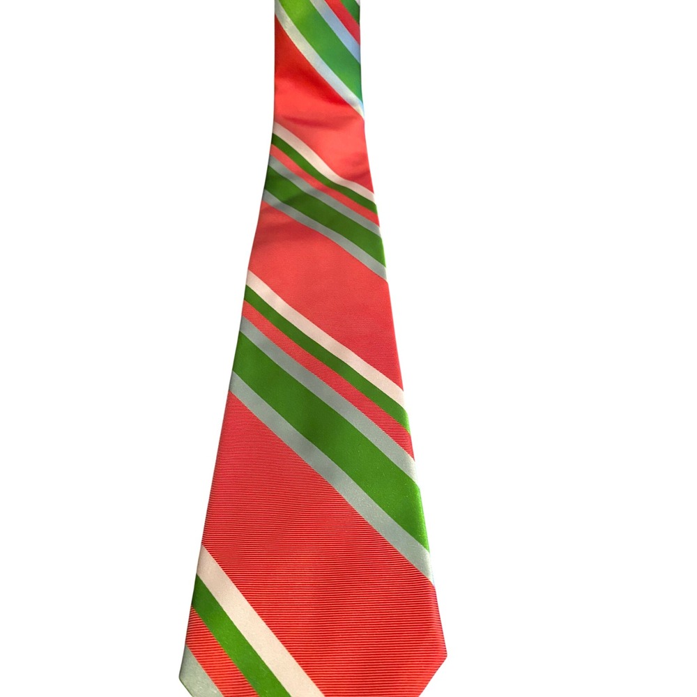 Southern Proper Mens Silk Necktie Red Green White Striped Hand Sewn USA Preppy